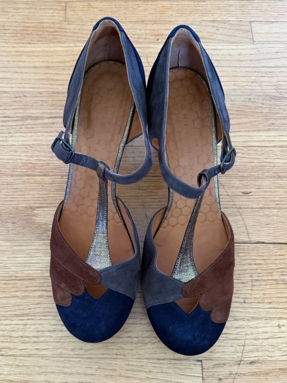 Chie Mihara Navy, Brown & Gray Suede T-Strap Heels
